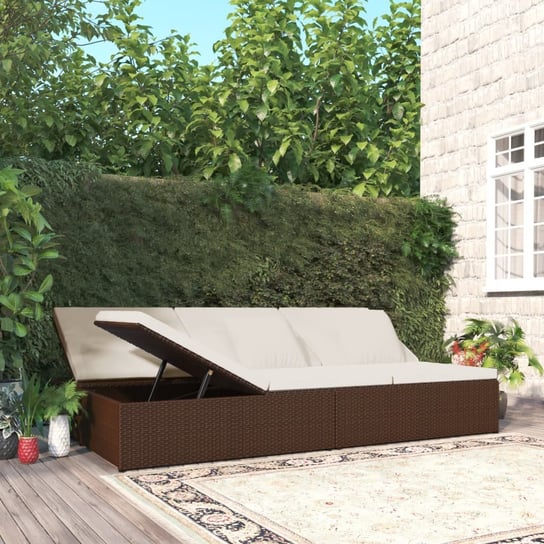vidaXL Rozkładane łóżko ogrodowe z poduszkami, polirattan, brązowe vidaXL