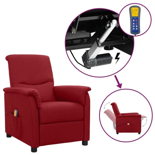 vidaXL Rozkładany fotel masujący, podnoszony, winna czerwień, tkanina vidaXL