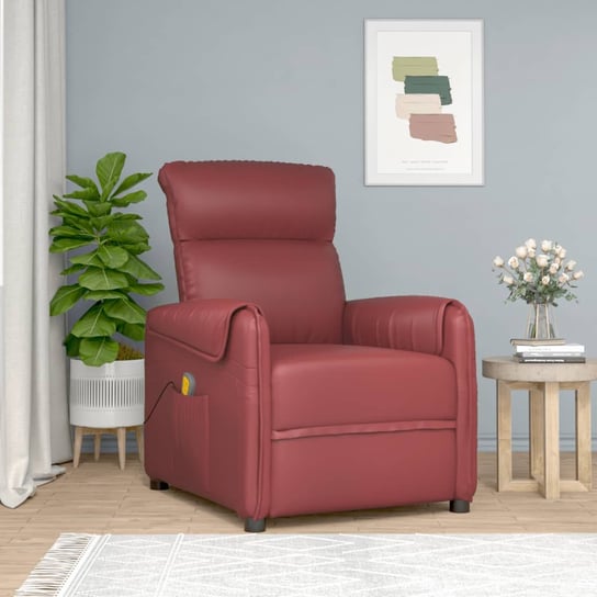 vidaXL Rozkładany fotel masujący, winna czerwień, obity sztuczną skórą vidaXL