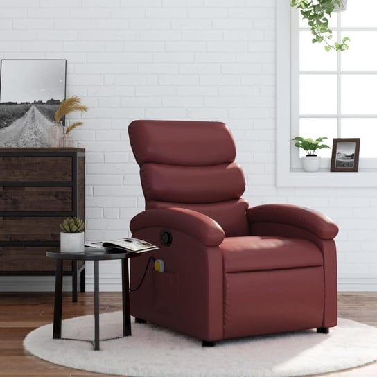 vidaXL Rozkładany fotel masujący, winna czerwień, obity sztuczną skórą vidaXL