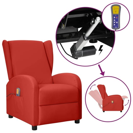 vidaXL Rozkładany fotel uszak masujący, podnoszony, winna czerwień vidaXL