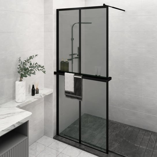 vidaXL Ścianka prysznicowa z półką, czarna, 90x195 cm, ESG i aluminium vidaXL