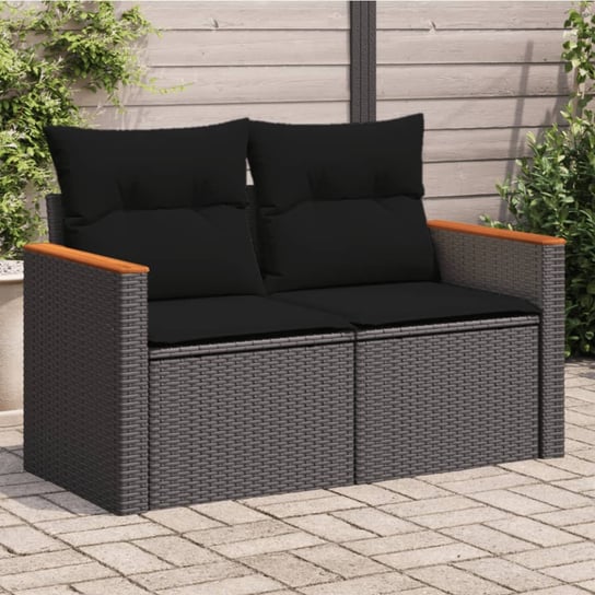 vidaXL Sofa ogrodowa z poduszkami, 2-osobowa, czarna, polirattan vidaXL
