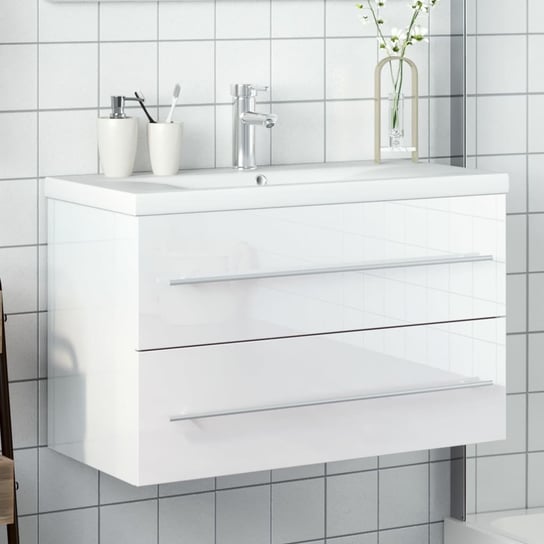 vidaXL Szafka łazienkowa z wbudowaną umywalką, wysoki połysk, biała vidaXL