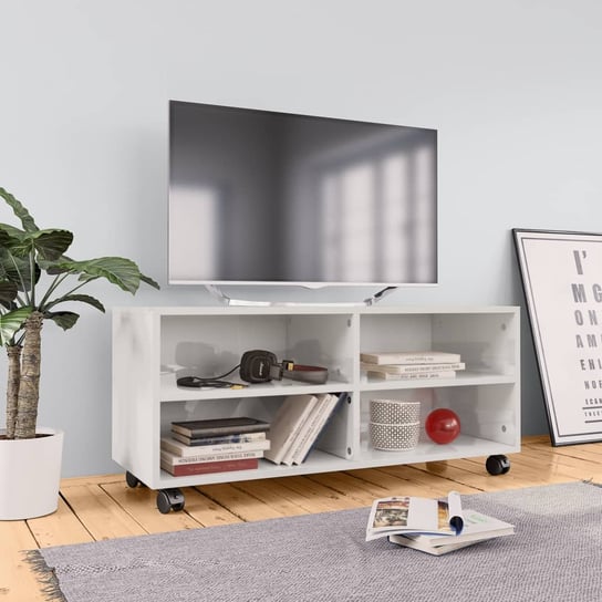 vidaXL Szafka pod TV z kółkami, wysoki połysk, biała, 90x35x35 cm vidaXL