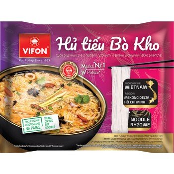 VIFON - Zupa błyskawiczna HU TIEU BO KHO z nudlami ryzowymi o smaku wołowiny lekko pikantna 65g Vifon