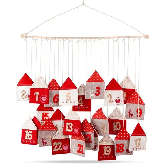 Vilde, Kalendarz Adwentowy na patyku wiszący filcowy, Czerwony, 70x60 cm Vilde