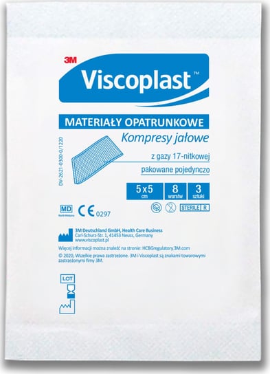 Viscoplast™ Jałowe kompresy gazowe z gazy bawełnianej, 17-nitkowe, 8 warstw, 5 cm x 5 cm, torebka/3 szt. Viscoplast