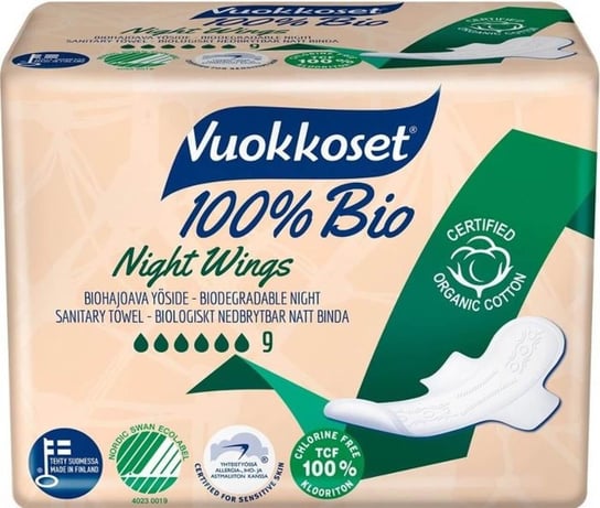 Vuokkoset Bio Night, podpaski ze skrzydełkami na noc, 9 sztuk Vuokkoset