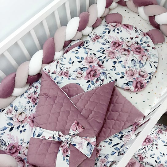 Warkocz do łóżeczka- velvet: róż mulbery, biały, jasny brudny róż Fipoli