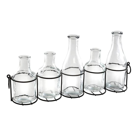 Wazoniki szklane w metalowym stojaku, 5 sztuk Atmosphera