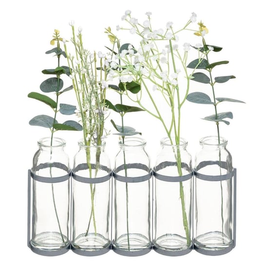 Wazoniki szklane w metalowym stojaku, ze sztucznymi kwiatami, kolor szary Atmosphera