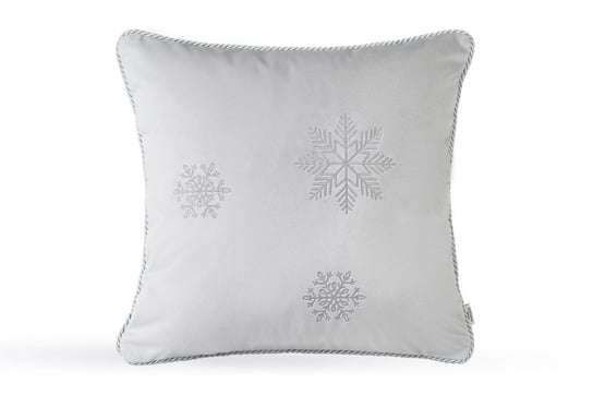Welurowa srebrna poduszka zimowa Snowflake V ze srebrnym haftem Doram design