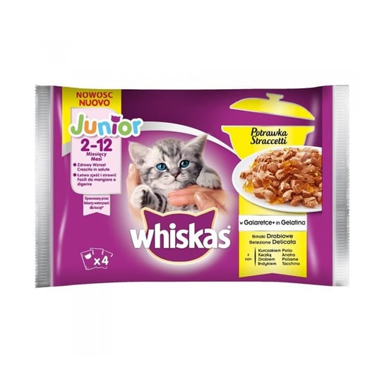 WHISKAS Junior Potrawka 4x85g Smaki Drobiowe - mokra karma dla kotów w galaretce (z kurczakiem, z kaczką, z drobiem, z indykiem) saszetka Whiskas
