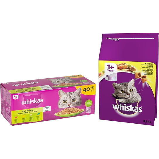 Whiskas zestaw karm sucha karma dla kotów 3,8kg mokra karma saszetki 40x85g Whiskas