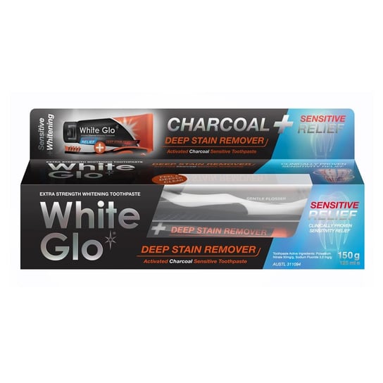 White Glo, Charcoal Deep Stain Remover Sensitive Relief wybielająca pasta do zębów z aktywnym węglem 125ml + szczoteczka White Glo