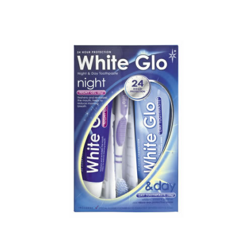 White Glo, Night & Day Whitening Toothpaste, pasta do zębów 65 ml + żel na noc 65 ml + szczoteczka do zębów White Glo