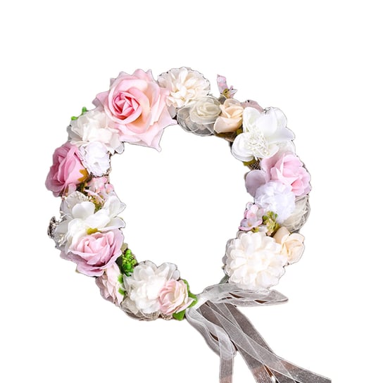 Wianek na głowę ze sztucznych kolorowych kwiatów biało różowy R70