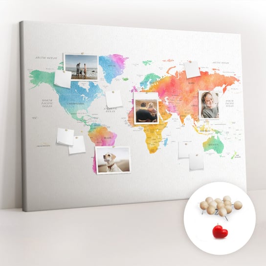 Wielka Tablica Korkowa 100x140 cm z grafiką - Akwarelowa mapa świata + Drewniane Pinezki Coloray