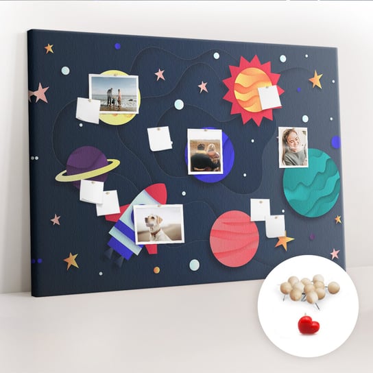 Wielka Tablica Korkowa 100x140 cm z grafiką - Dziecięcy kosmos + Drewniane Pinezki Coloray
