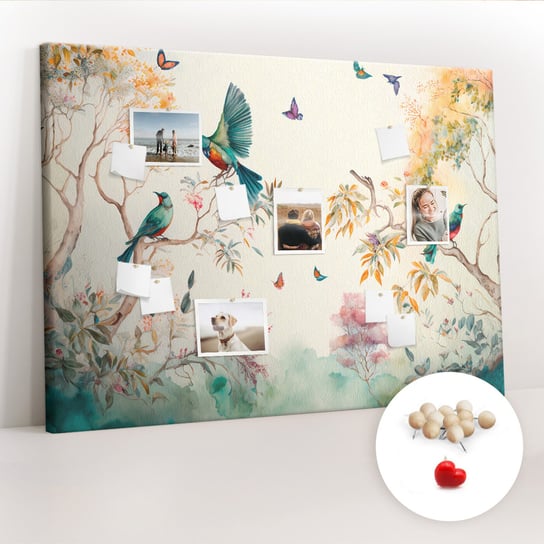Wielka Tablica Korkowa 100x140 cm z grafiką - Kwiaty ptaki natura + Drewniane Pinezki Coloray