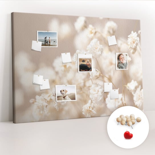 Wielka Tablica Korkowa 100x140 cm z grafiką - Małe białe kwiaty + Drewniane Pinezki Coloray