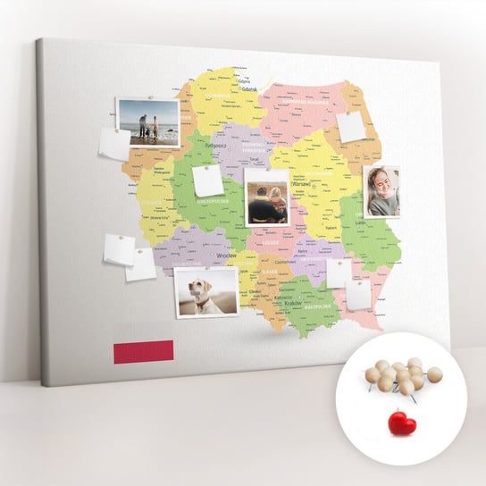 Wielka Tablica Korkowa 100x140 cm z grafiką - Mapa Polski + Drewniane Pinezki Coloray
