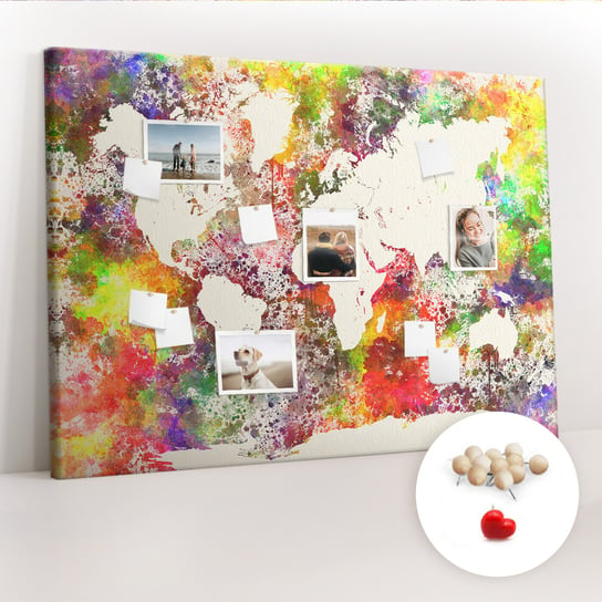 Wielka Tablica Korkowa 100x140 cm z grafiką - Mapa świata akwarelowa + Drewniane Pinezki Coloray