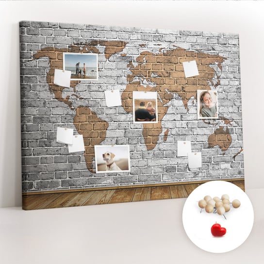 Wielka Tablica Korkowa 100x140 cm z grafiką - Mapa świata cegły + Drewniane Pinezki Coloray