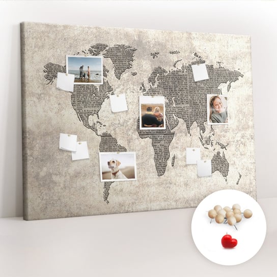Wielka Tablica Korkowa 100x140 cm z grafiką - Mapa świata gazeta + Drewniane Pinezki Coloray