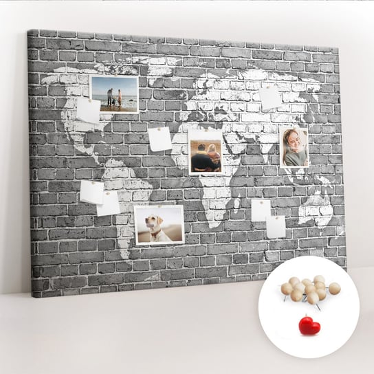 Wielka Tablica Korkowa 100x140 cm z grafiką - Mapa świata na cegłach + Drewniane Pinezki Coloray