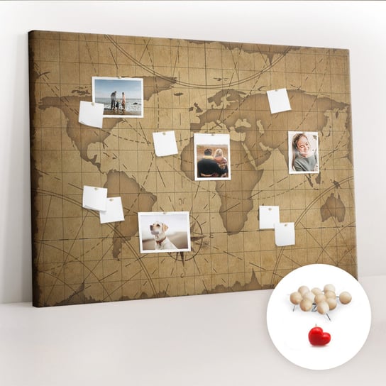 Wielka Tablica Korkowa 100x140 cm z grafiką - Mapa świata vintage + Drewniane Pinezki Coloray
