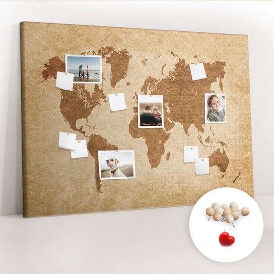 Wielka Tablica Korkowa 100x140 cm z grafiką - Mapa świata w starym stylu + Drewniane Pinezki Coloray