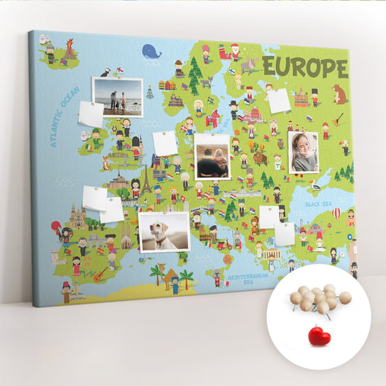 Wielka Tablica Korkowa 100x140 cm z grafiką - Mapa świata z flagami + Drewniane Pinezki Coloray
