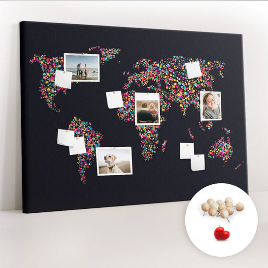 Wielka Tablica Korkowa 100x140 cm z grafiką - Mapa świata z kropek + Drewniane Pinezki Coloray