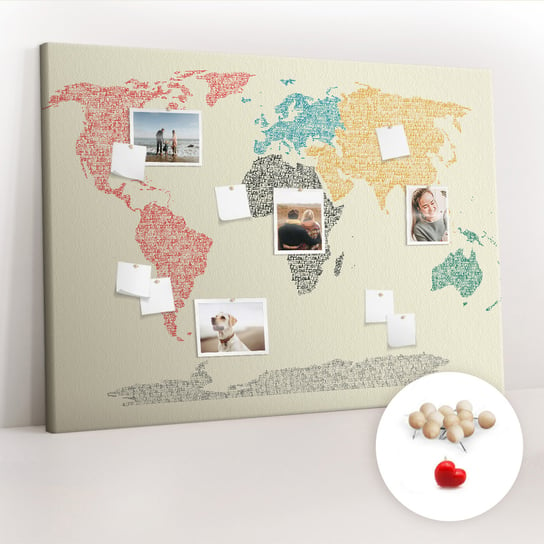 Wielka Tablica Korkowa 100x140 cm z grafiką - Mapa świata z liter + Drewniane Pinezki Coloray