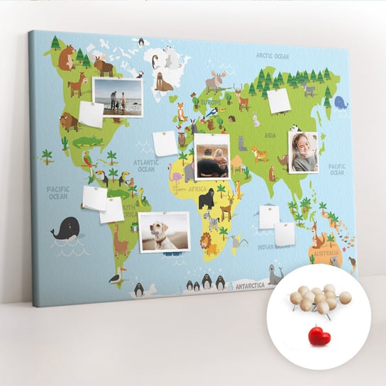 Wielka Tablica Korkowa 100x140 cm z grafiką - Mapa świata ze zwierzętami + Drewniane Pinezki Coloray