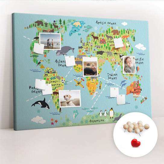 Wielka Tablica Korkowa 100x140 cm z grafiką - Mapa świata ze zwierzętami + Drewniane Pinezki Coloray