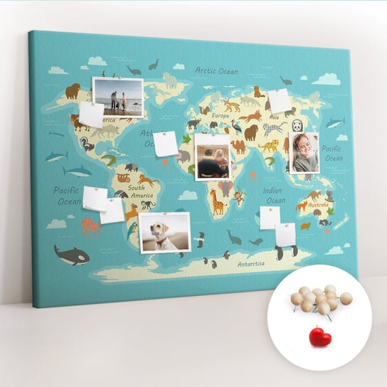 Wielka Tablica Korkowa 100x140 cm z grafiką - Mapa świata zwierząt + Drewniane Pinezki Coloray