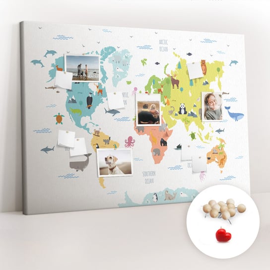 Wielka Tablica Korkowa 100x140 cm z grafiką - Mapa świata zwierząt + Drewniane Pinezki Coloray