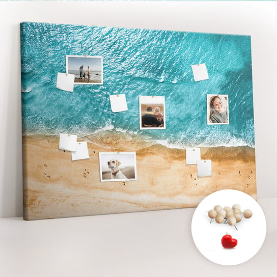Wielka Tablica Korkowa 100x140 cm z grafiką - Morze plaża ludzie + Drewniane Pinezki Coloray