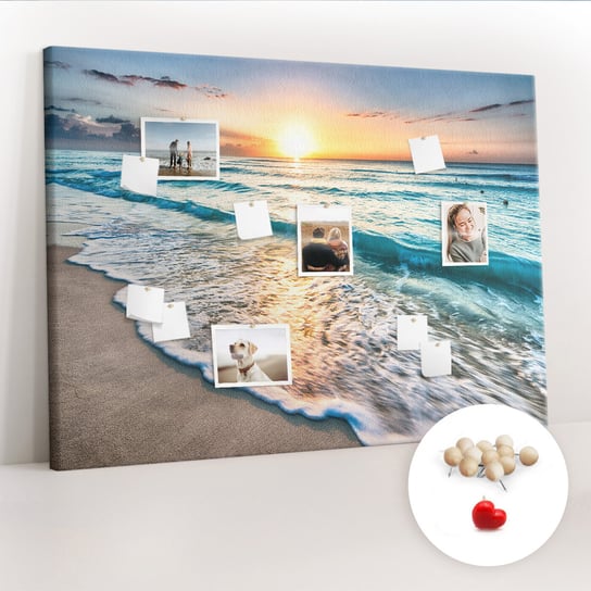 Wielka Tablica Korkowa 100x140 cm z grafiką - Plaża morze piasek + Drewniane Pinezki Coloray