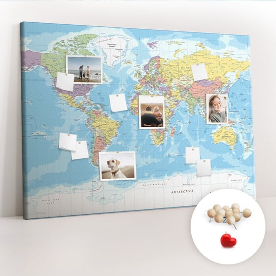 Wielka Tablica Korkowa 100x140 cm z grafiką - Polityczna mapa świata + Drewniane Pinezki Coloray