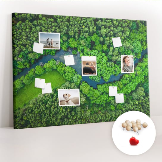 Wielka Tablica Korkowa 100x140 cm z grafiką - Rzeka w lesie + Drewniane Pinezki Coloray