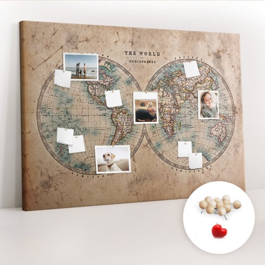 Wielka Tablica Korkowa 100x140 cm z grafiką - Świat globus mapa + Drewniane Pinezki Coloray