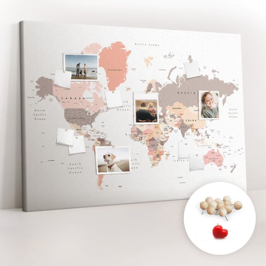 Wielka Tablica Korkowa 100x140 cm z grafiką - Szczegółowa mapa świata + Drewniane Pinezki Coloray