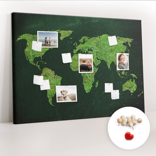 Wielka Tablica Korkowa 100x140 cm z grafiką - Trawiasta mapa świata + Drewniane Pinezki Coloray