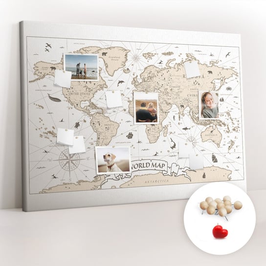 Wielka Tablica Korkowa 100x140 cm z grafiką - Vintage mapa świata + Drewniane Pinezki Coloray