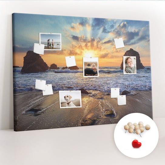 Wielka Tablica Korkowa 100x140 cm z grafiką - Zachód słońca na plaży + Drewniane Pinezki Coloray