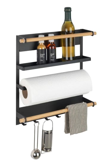 Wielofunkcyjna półka kuchenna MAGNA z uchwytem na ręcznik papierowy i haczykami, montaż bez wiercenia, czarna, WENKO Wenko